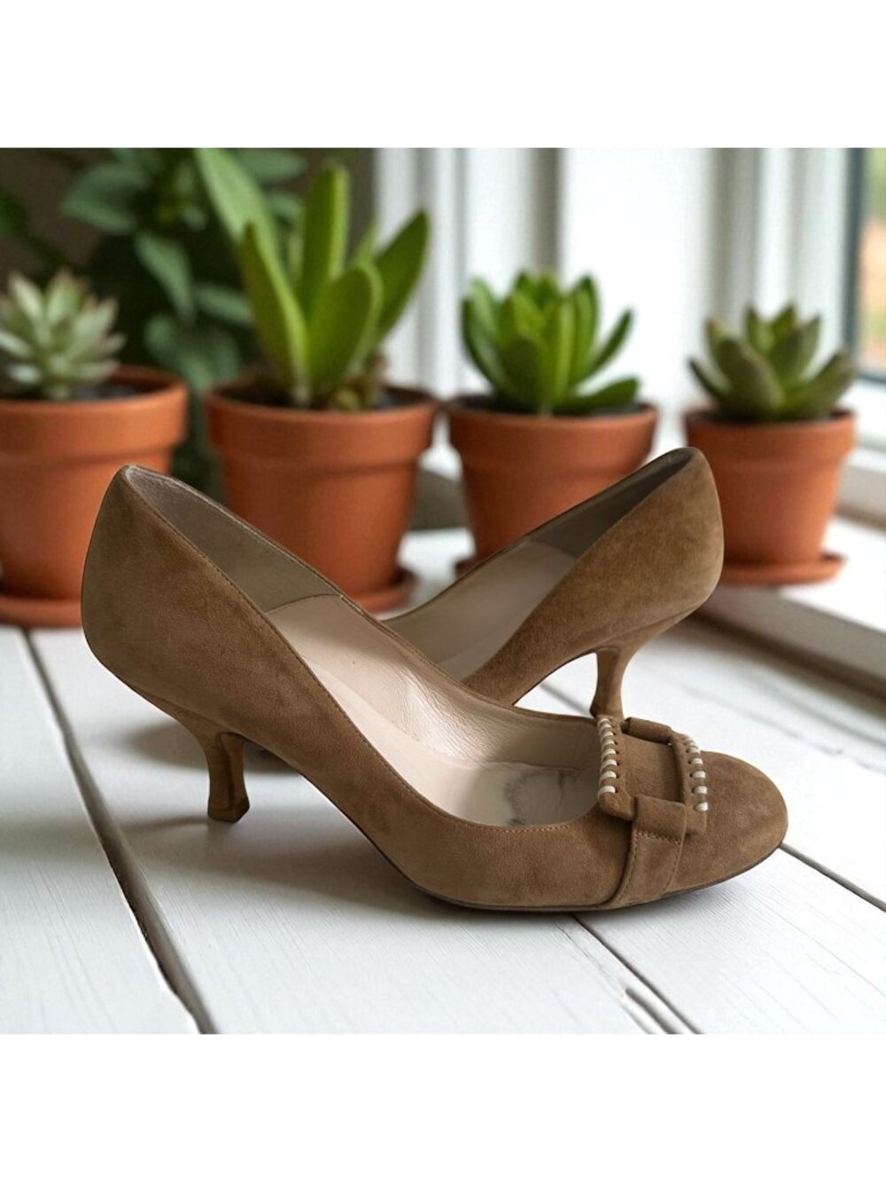 LK BENNETT Tan Suede Kitten Loafers Heels Size US 8 / 38